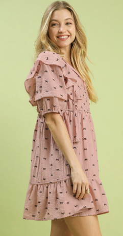 Umgee Ruffle Sleeve Bow Print Mini Dress