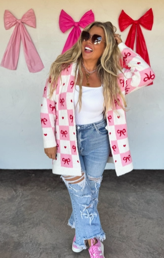 Cloud Sweater Pink & White Check w/ Hearts & Bows