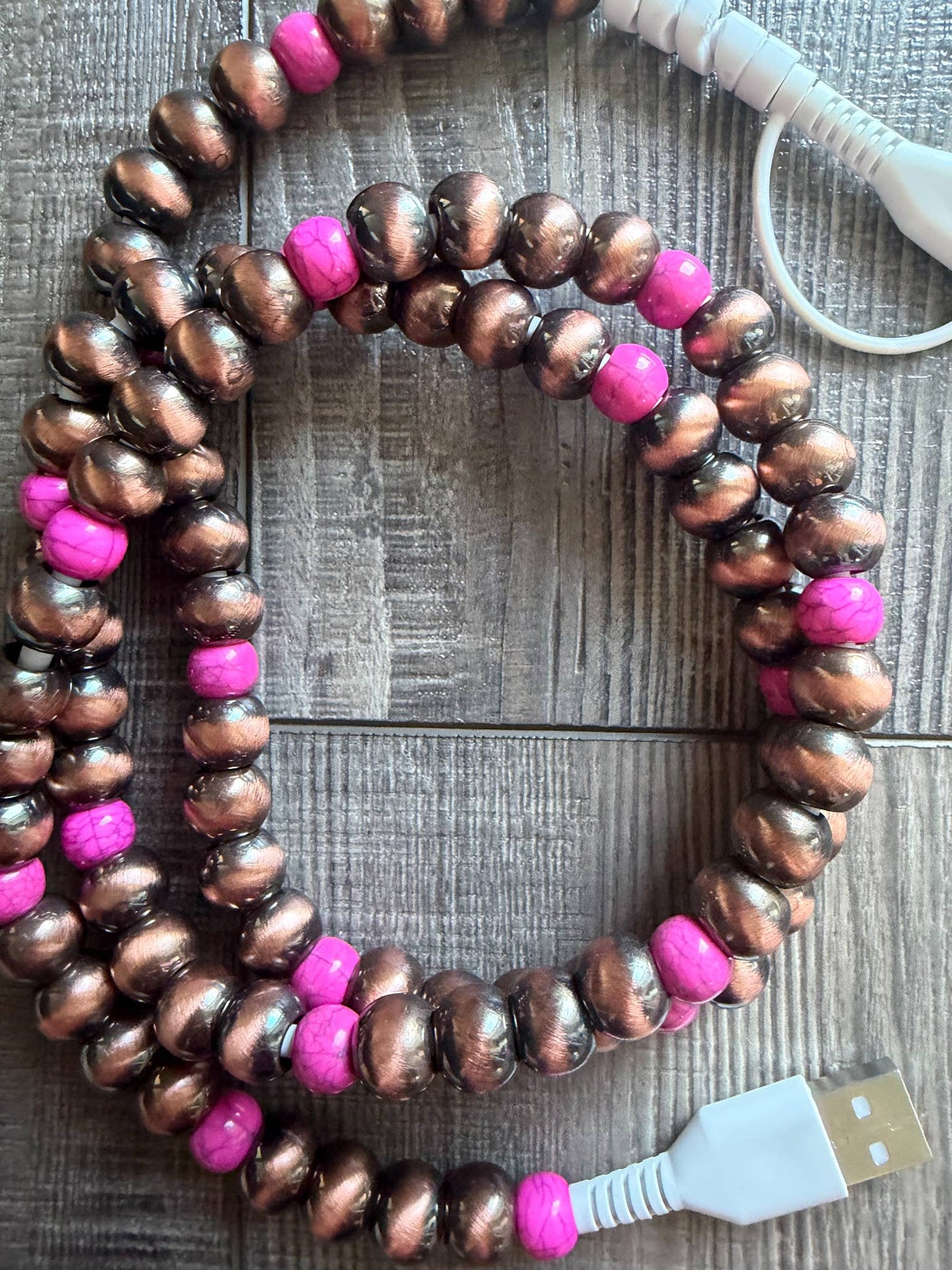 Pink Turquoise Beaded Phone Charger with Lightning & USB-C
