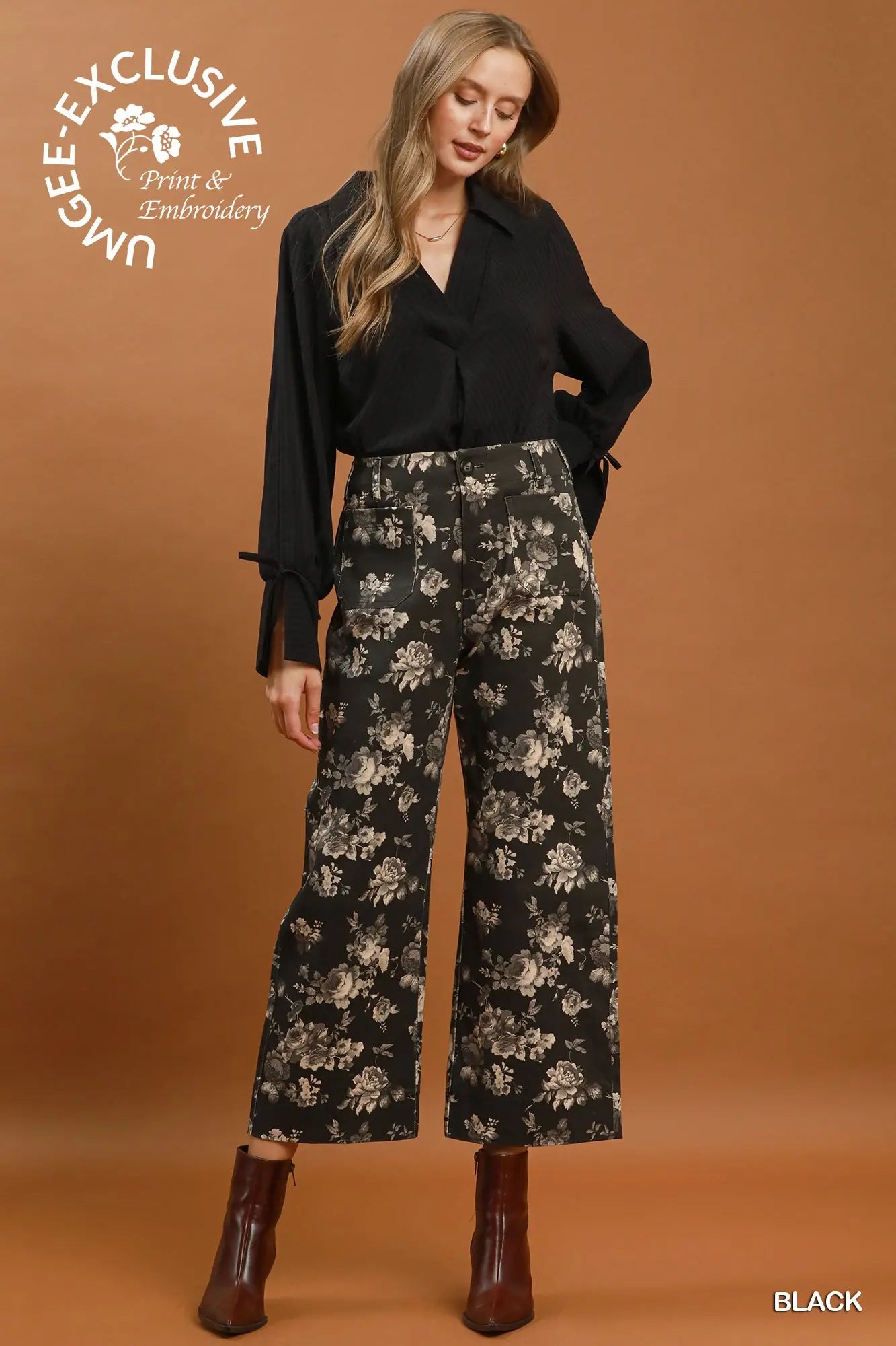 Floral Print Wide Leg Cropped Pants