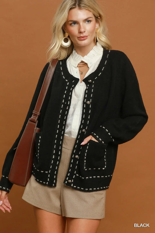 Contrast Stitch Button Front Knit Cardigan