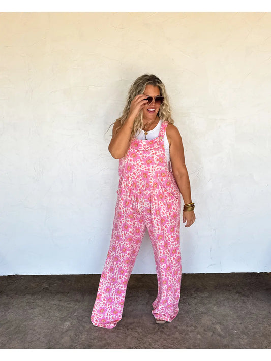 Cassidy Pink Floral Boho Overalls