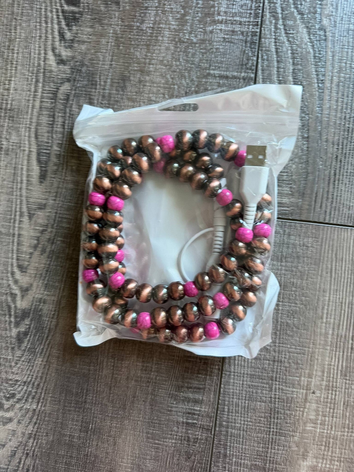Pink Turquoise Beaded Phone Charger with Lightning & USB-C
