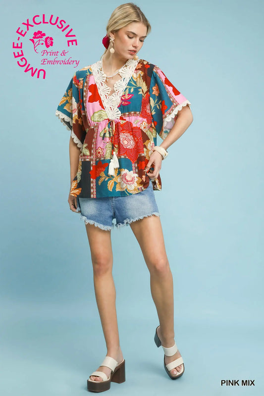 Mix Floral Lace Trim Top