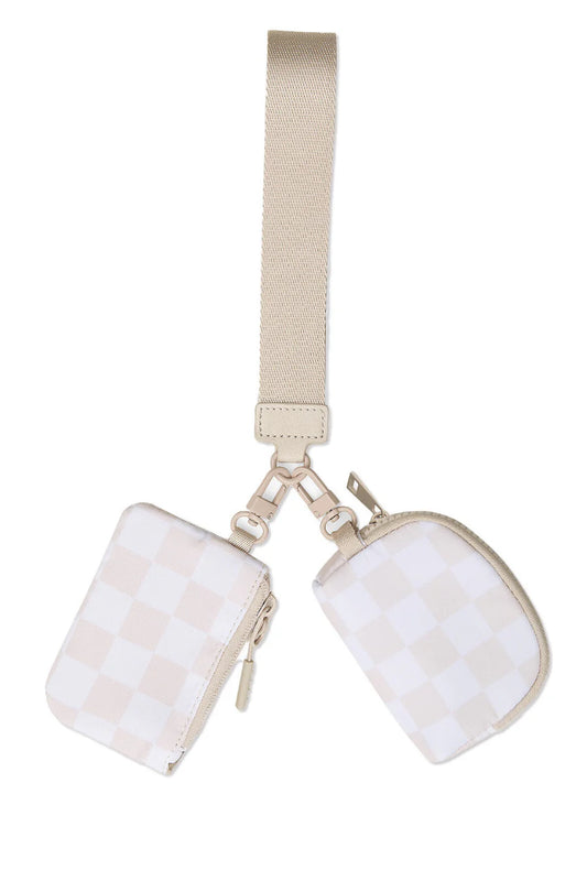 JL Double Pouch Neutral Checkered Wristlet