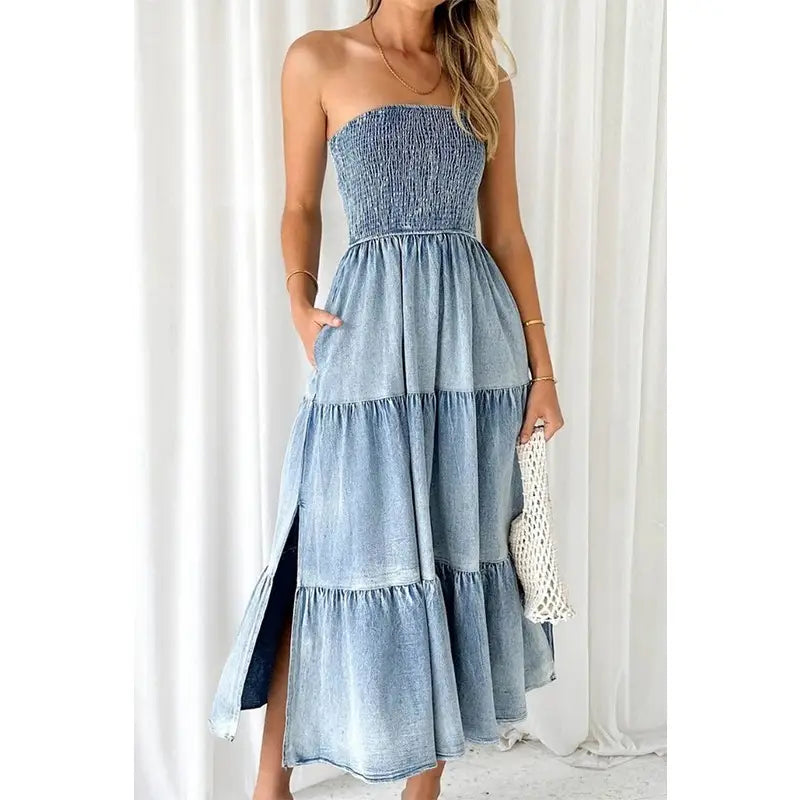 Strapless Side Slit Denim Dress