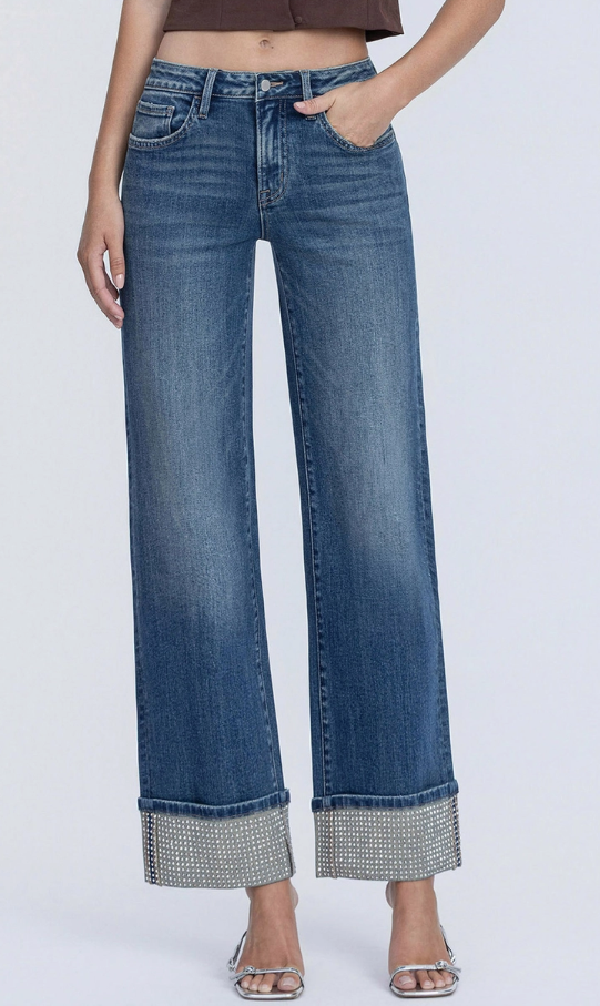 Mid Rise Slim Wide Sparkle Cuff Jeans