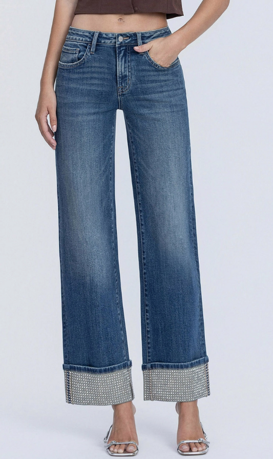 Mid Rise Slim Wide Sparkle Cuff Jeans